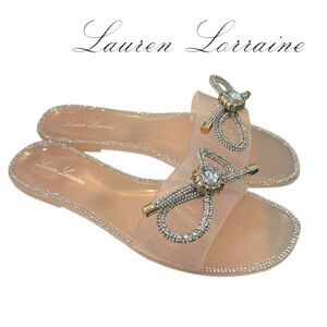 New Lauren Lorraine Women's “Breeze” Blush Rhinestone Slide Bow Sandals 7